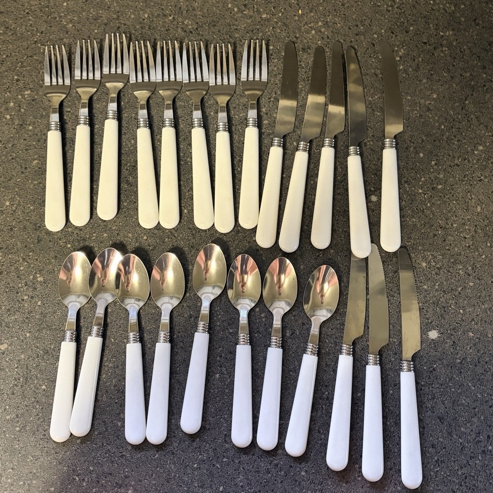 GIBSON Stainless Flatware 24 Piece Set White Plastic Handle